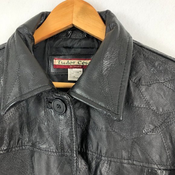 Tudor Court VTG Womens Large Black Genuine Leather Patchwork Button Front Jacket - Picture 3 of 8
